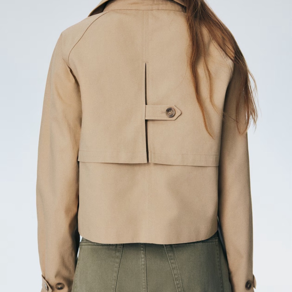Cropped Trench Coat Tan Double-Breasted Women's - Picture 2 of 3